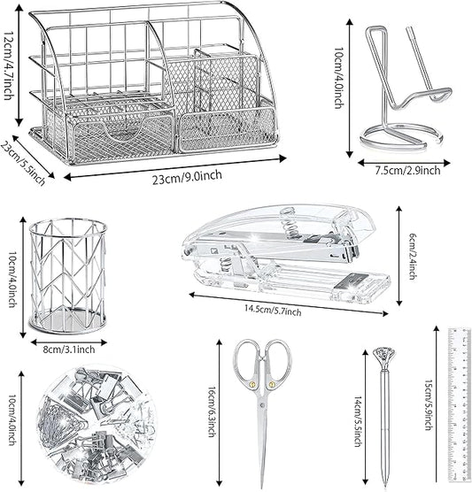 Silver Desk Organizers and Accessories Office Supplies Set Stapler, Pen Holder, Phone Holder, Scissors, Pen, Ruler, 30 Paper Clips, 22 Binder Clip, 20 Tacks and 1000pcs Staples