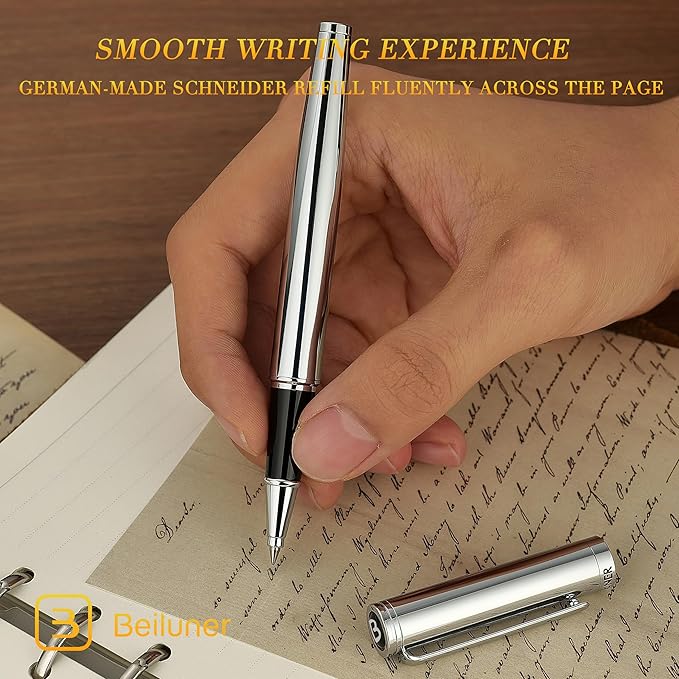 BEILUNER Luxury Silver Rollerball Pen, Stunning Bright Silver Chrome Finish,Noble and Elegant Designs,Schneider Ink Refill, Best Gift Pen for Men & Women, Professional, Executive Office, Fancy Pens