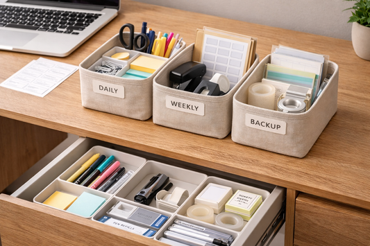 Organized desk drawer and supply bins showing pens, sticky notes, labels, and backup refills arranged for a weekly five-minute office supply audit and restock routine
