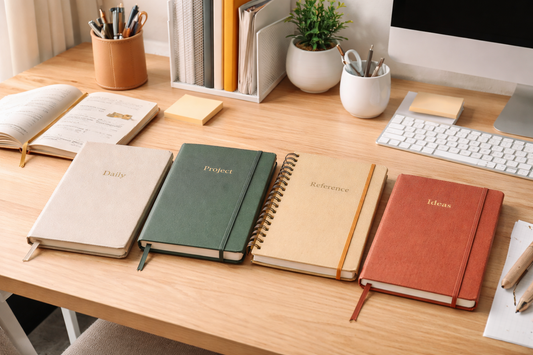Organized desk workspace with several notebooks arranged beside a keyboard, pens, sticky notes, and small desk accessories on a clean wooden desk under soft natural light