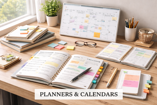 Organized desk workspace with open planner, monthly desk calendar, sticky notes, and writing tools arranged neatly on a wooden desk under natural light