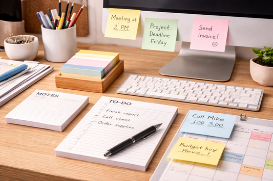 organized office desk with memo pads, colorful sticky notes, pen holder, keyboard, and planner for everyday workspace note-taking