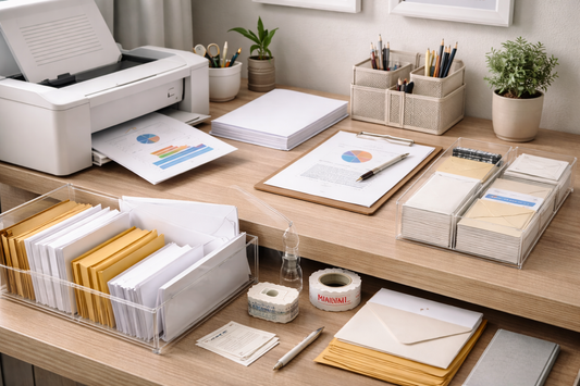 organized office desk with printer paper stacks envelopes and stationery supplies arranged for everyday document printing and mailing tasks