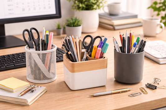 modern desk with pen cups and stands holding pens, pencils, and scissors neatly organized on a wooden workspace