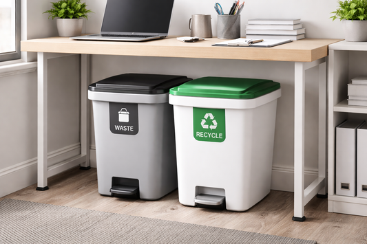 office workspace with separate waste and recycling bins placed under a desk for organized trash and recyclable material sorting