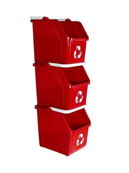 Multi Bin Recycling System with Three Stackable 6 Gallon Recycle Bins to Build Your Recycling Center for Offices, Kitchen, Garages, Businesses - (Red, 3 Pack)