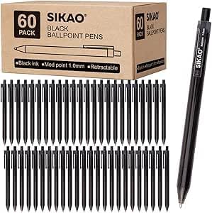 Black Pens Bulk, 60 Pack Retractable Ballpoint Pens, Black Ink 1.0mm Medium Point, Smooth Writing No-Smear Click Pens for Teachers, Students, Restaurant Servers, School & Office Supplies