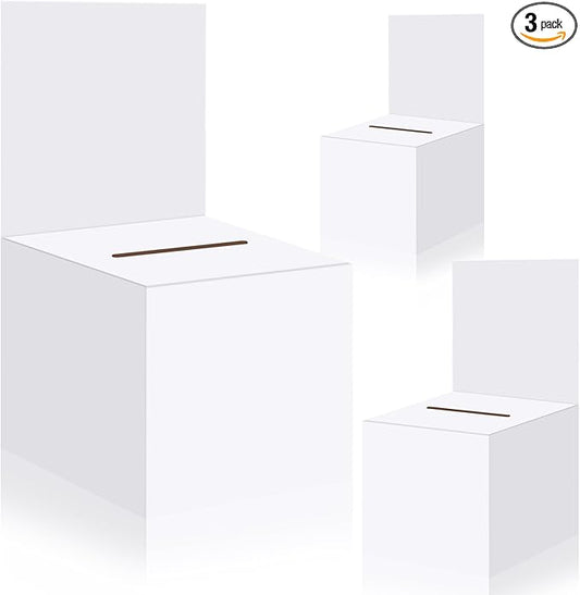 3 Pcs Raffle Boxes Ballot Box for Fundraising, 6 x 6 x 6 Inch Cardboard Box with Slot for Ticket and Removable Header Donation Boxes for Collecting Business Card Voting Contest(White)