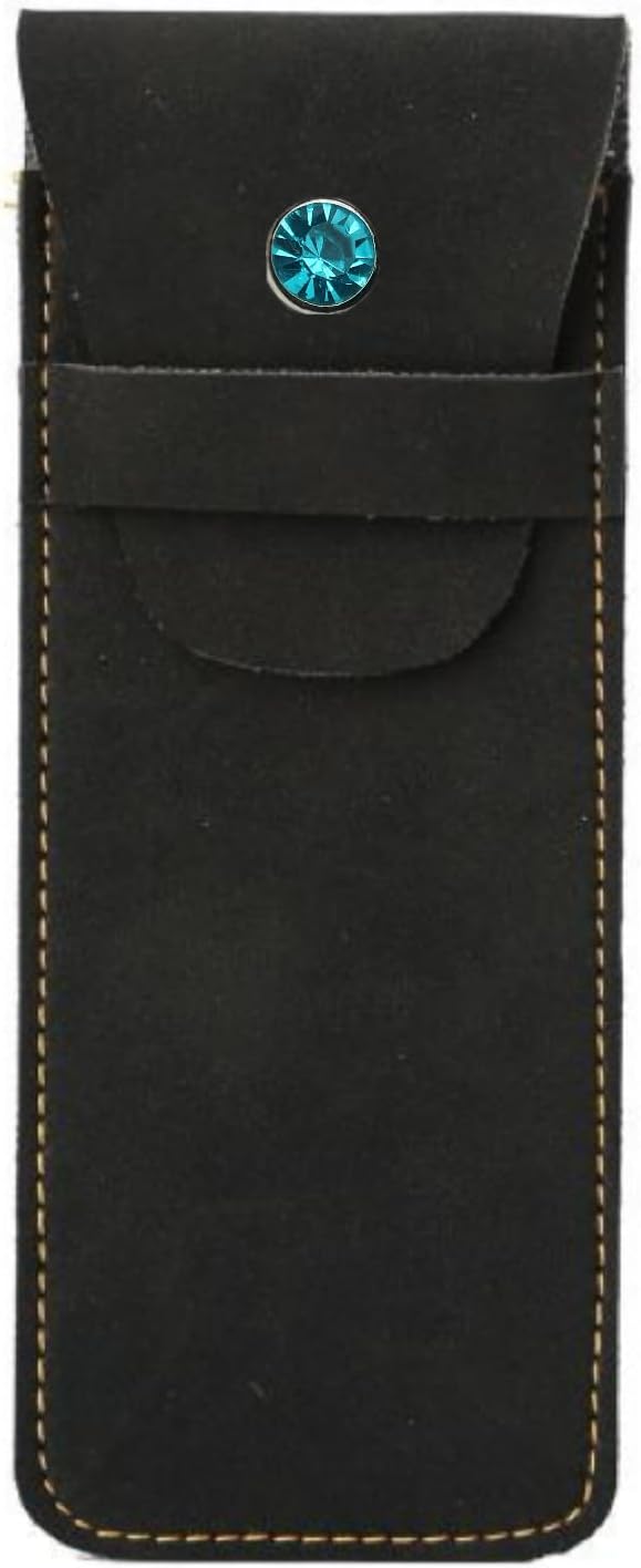 Handmade Leather Pen Case Set - 5 - Pack with Artificial Sapphire Inlay, Multi - Color Pen Sleeves for Fountain Pens & Markers (black)