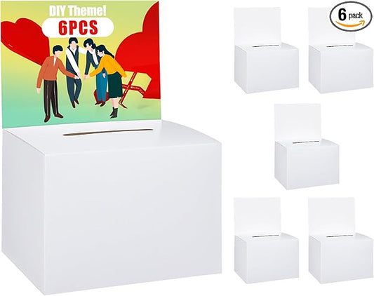 Uniclife 6 Pack Ballot Boxes with Slot 6.5" x 4.5" x 4.5" Suggestion Boxes Donation Box for Fundraising White Cardboard Box with Removable Header for Business Voting Collecting Card Charity