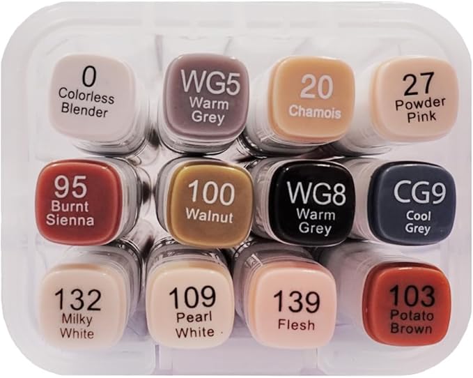12-Piece Set of Alcohol Dual Tip Markers in Subtle Neutral Colors with Reusable Storage Case Sketch Pen for Coloring Drawing Artist Art Supplies