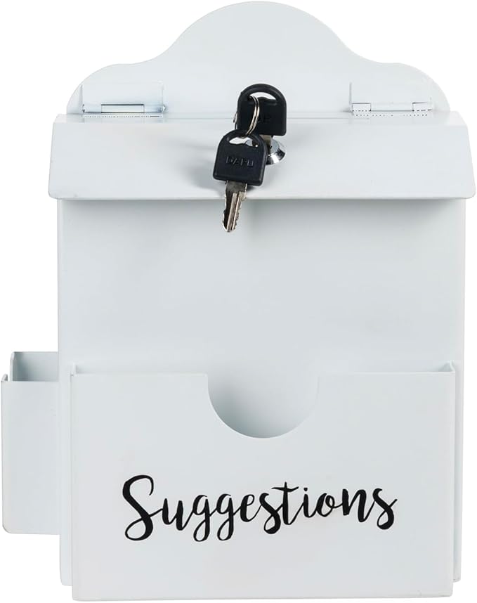 MyGift Suggestion Box with Cursive Suggestions Lettering, Wall Mounted or Tabletop Ballot Comment Box with Lock, Keys, Paper Sheet and Pen Holder Slots, White Metal