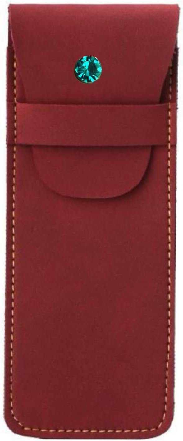 Handmade Leather Pen Case Set - 5 - Pack with Artificial Sapphire Inlay, Multi - Color Pen Sleeves for Fountain Pens & Markers (crown)