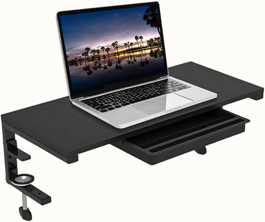 Ergonomic Clamp on Computer Monitor Laptop Riser Stand with Drawer, 21.6 x 9.8 inch - Black