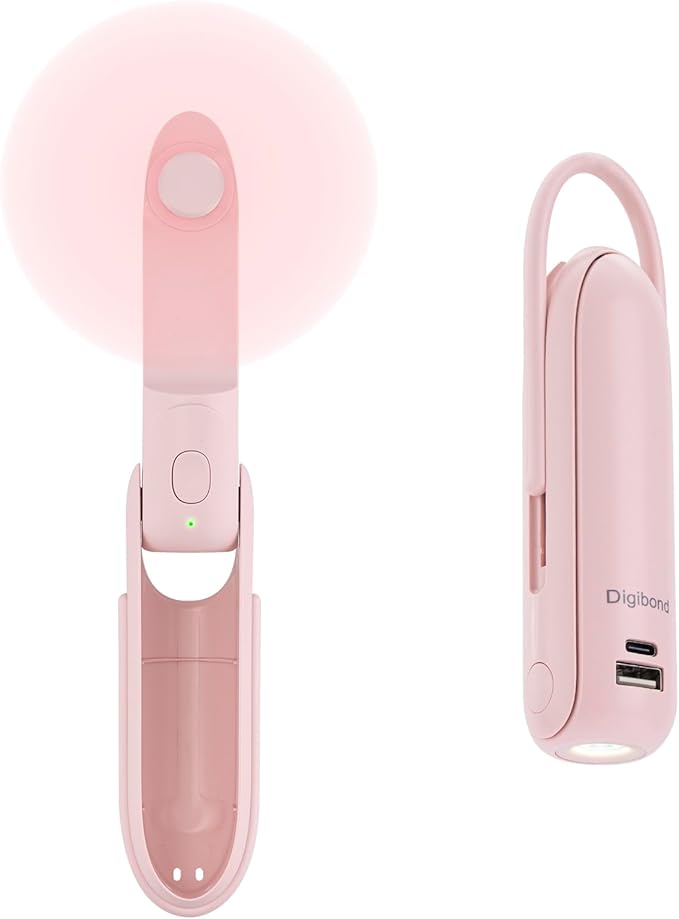 Pink Handheld Fan, Portable Fan Bullet Shape 2000mAh USB Rechargeable Battery Operate 6 IN 1 Personal Fan Foldable Lightweight Travel Essential with Lanyard 3 Speed