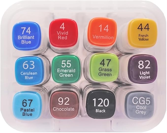 12-Piece Set of Alcohol Dual Tip Markers in Vibrant Primary Colors with Reusable Storage Case Sketch Pen for Coloring Drawing Artist Art Supplies