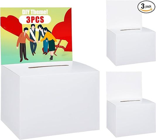 Uniclife 3 Pack Ballot Boxes with Slot 6.5" x 4.5" x 4.5" Suggestion Boxes Donation Box for Fundraising White Cardboard Box with Removable Header for Business Voting Collecting Card Charity