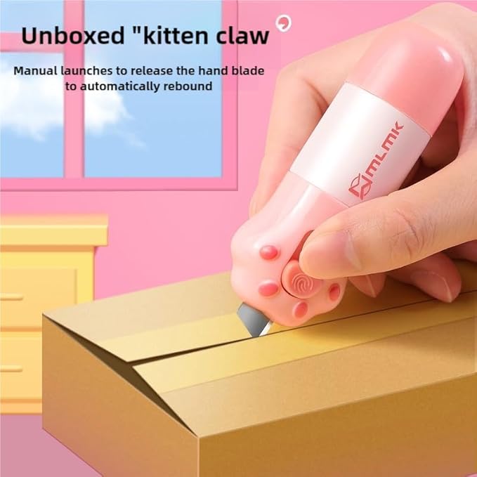 Cute Mini Box Cutter & Thermal Paper Correction Fluid,Identity Theft Protection Roller Stamp, Pink Cat's Paw, 10ML 3Pcs