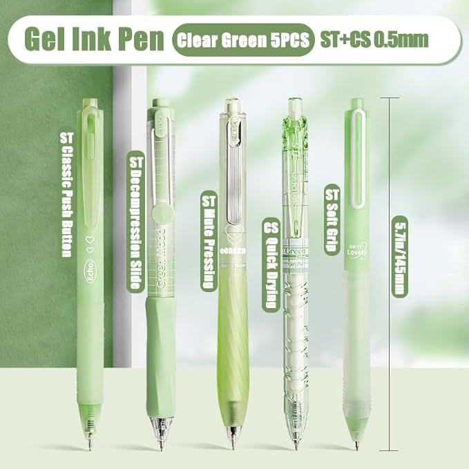 5 Count Pastel Gel Ink Pen Set,Cute Note Taking 0.5mm Fine Point Retractable 5 Count Black Ink Pens for Writing, Journaling, School, Office (Light Green Clear)