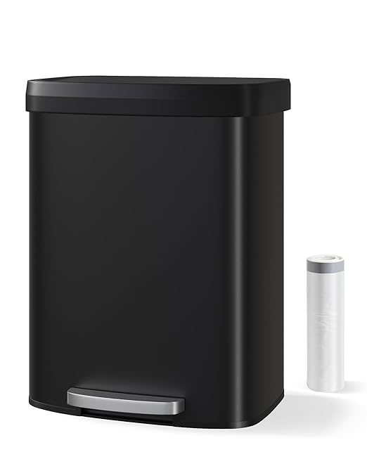 Garvee 16 gal / 60 L Metal Trash Can with Lid, Large Garbage Can for Kitchen, Rustproof Step-on Kitchen Metal Trash Bin with Liner Rim, Rear Handle, Soft Close Plastic Lid, Black