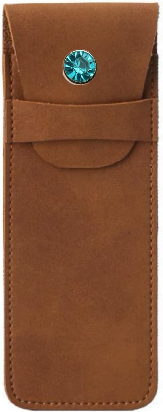 Handmade Leather Pen Case Set - 5 - Pack with Artificial Sapphire Inlay, Multi - Color Pen Sleeves for Fountain Pens & Markers (crown)