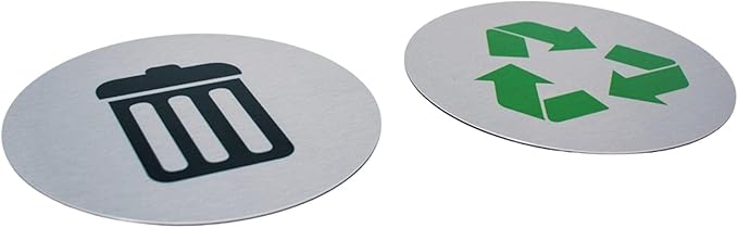 5.5" Round, Metal Trash & Recycling Signs | Set of 2 Garbage & Recycling Bin Markers | Brushed Silver Aluminum Signs with 1 Black Trash Sign & 1 Green Recycle Sign | Signs for Sustainability