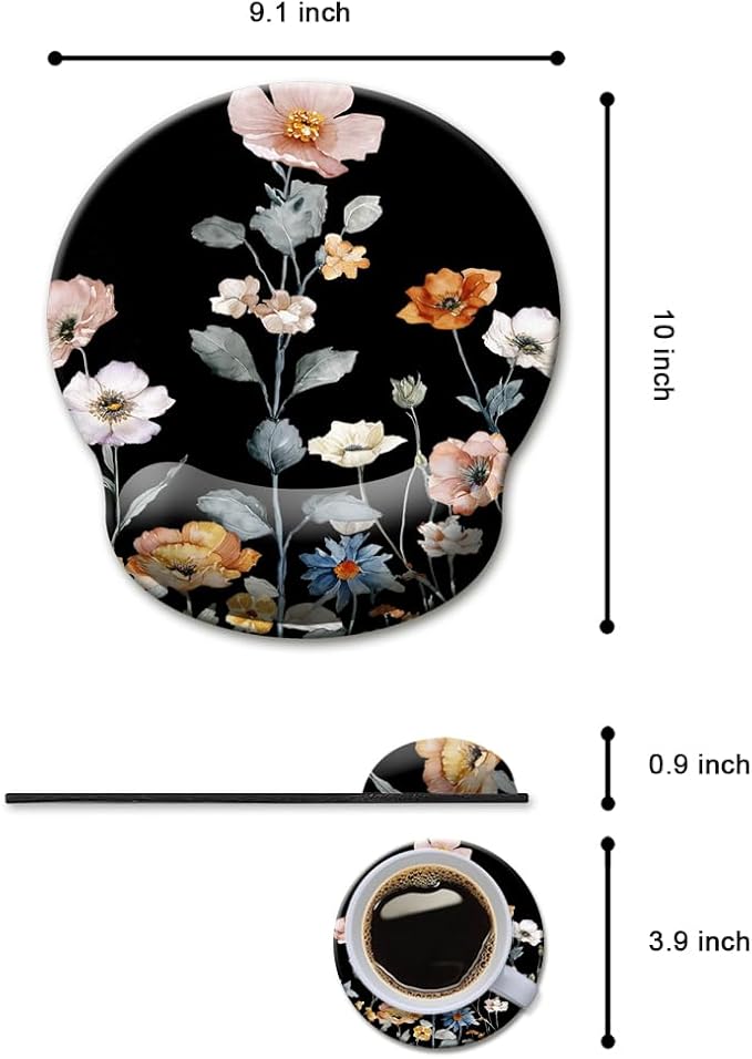 HOPONY Mouse Pad with Wrist Rest,Ergonomic Mouse Pads Wrist Support for Desk,Large Mousepad for Wireless Mouse Gaming Laptop Work Home Desk Accessories Office Supplies Decor,9 x 10 in,Floral Black