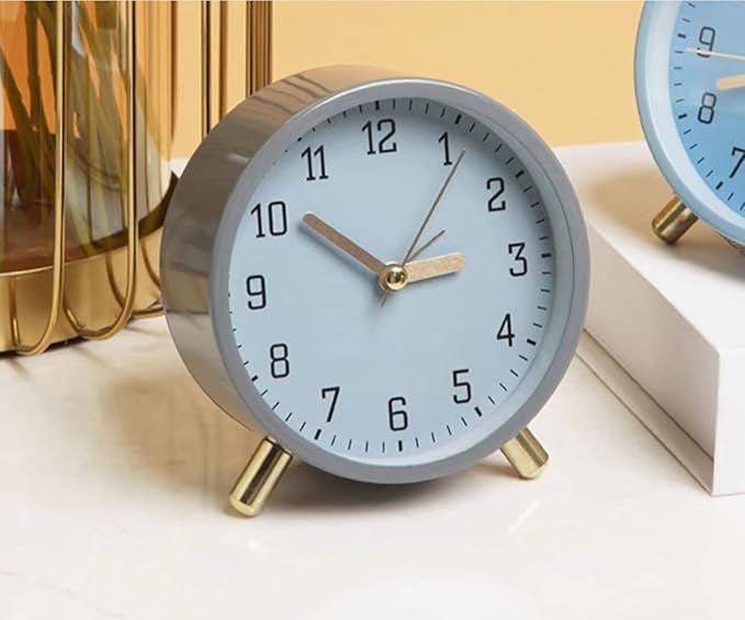 SHISEDECO Alarm Clock with Backlight, 4.5 inches Bedside Analog Non-Ticking Silent Small Deskclock with Arabic Numerals, Battery Operated Round Tableclock for Living Room, Bedroom (Grey Clock)