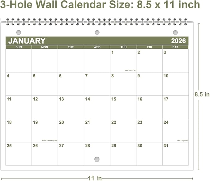Calendar 2026 for 3 Ring Binder - Calendar 2026 from January 2026 - December 2026, 12 Months Calendar with Premium Paper, 3-Hole Wall Calendar, 8.5" x 11", Green
