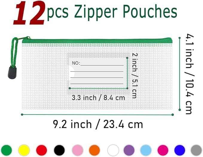AUSTARK Plastic Mesh Zipper Pouch, 12Pcs Zipper File Bags with Label Pocket, Game Boards Storage Bags, Waterproof Document Storage Bags for Office Home Travel (Receipt Size 9.2x4.1 in)