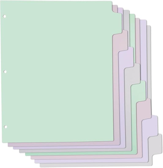 Y YOMA Colored 3 Ring Binder Dividers with Tabs Letter Size Paper Binder Tabs Page Dividers Cute Decorative Binder Index Dividers for Office School Home with 1/8-Cut Tabs, Tender Color (8 Sheet)