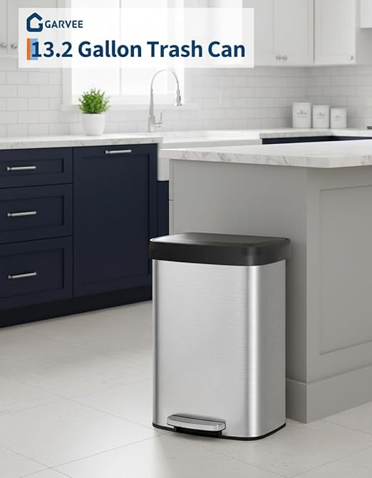 Garvee 13 gal / 50 L Stainless Steel Trash Can with Lid, Large Garbage Can for Kitchen, Rustproof Step-on Kitchen Metal Trash Bin with Liner Rim, Rear Handle, Soft Close Plastic Lid, Silver