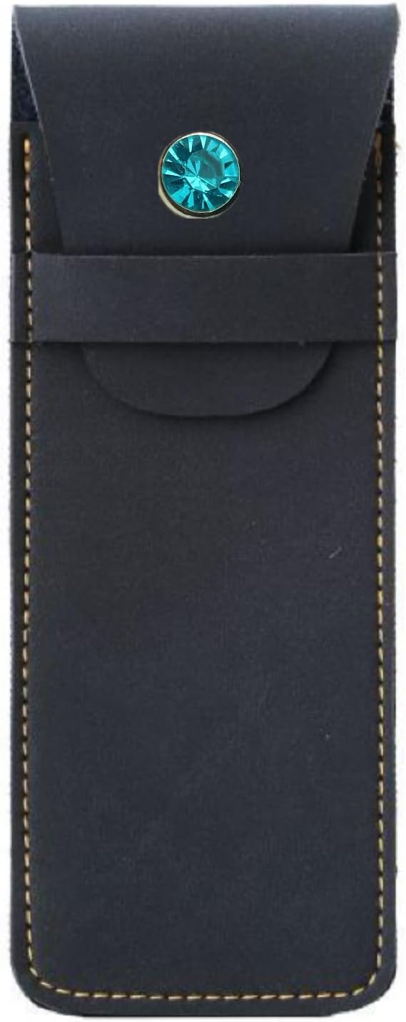 Handmade Leather Pen Case Set - 5 - Pack with Artificial Sapphire Inlay, Multi - Color Pen Sleeves for Fountain Pens & Markers (crown)