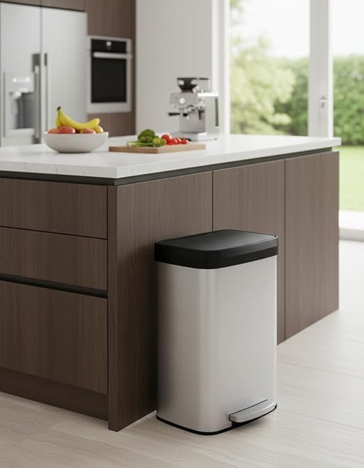 Garvee 13 gal / 50 L Stainless Steel Trash Can with Lid, Large Garbage Can for Kitchen, Rustproof Step-on Kitchen Metal Trash Bin with Liner Rim, Rear Handle, Soft Close Plastic Lid, Silver