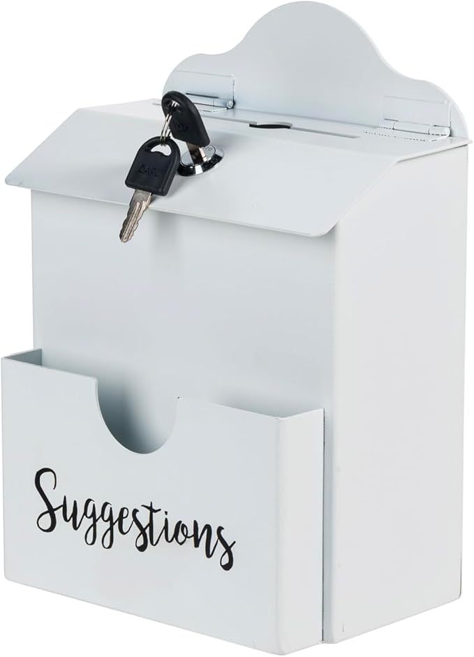 MyGift Suggestion Box with Cursive Suggestions Lettering, Wall Mounted or Tabletop Ballot Comment Box with Lock, Keys, Paper Sheet and Pen Holder Slots, White Metal
