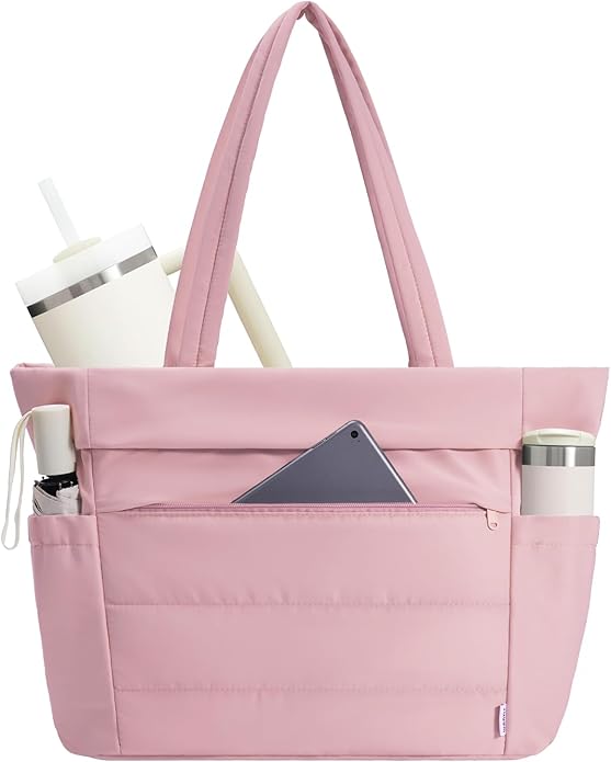 WANDF Work Tote Bag for Women, Puffy 15.6" Laptop Bag with Cup Holder, Quilted Handbag Travel Gym Bag for Nurse Teacher