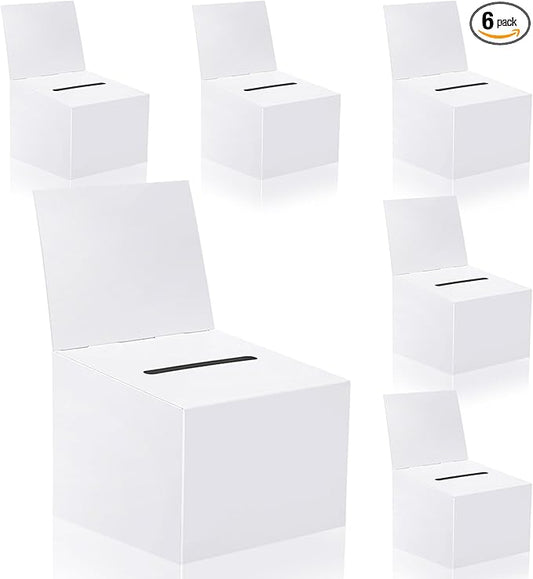 6 Pcs Raffle Boxes Ballot Box for Fundraising, 6.5 x 4.5 x 4.5 Inch Cardboard Box with Slot for Ticket and Removable Header Donation Boxes for Collecting Business Card Voting Contest(White)