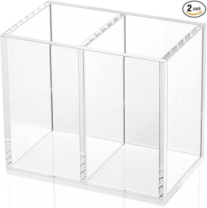 NIUBEE Acrylic Pen Holder 2 Compartments, Clear Pencil Organizer Cup for Countertop Desk Accessory Storage
