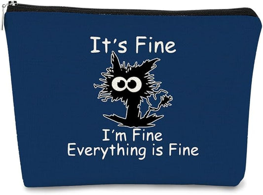 Its Fine Im Fine Everythings Fine Navy Blue Makeup bag for Women,Cat Small Make Up BagTravel Toiletry Bag for Men,Navy Blue Cat Small Pouch, Funny Cosmetic Bag Zipper Bag Birthday Gift
