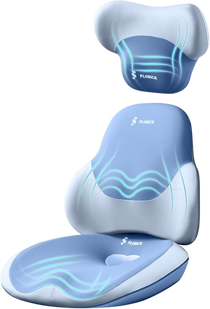 FLORICH Seat Cushion and Lumbar Support Pillow for Office Chair Car Neck Headrest Pillow 100% Memory Foam Seat Pads Pressure Relief Back Cushion and Carseat Pads(Blue)