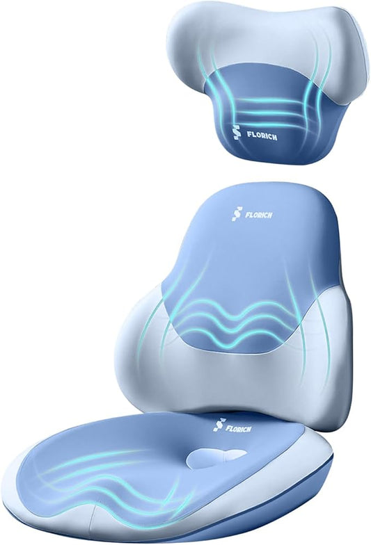 FLORICH Seat Cushion and Lumbar Support Pillow for Office Chair Car Neck Headrest Pillow 100% Memory Foam Seat Pads Pressure Relief Back Cushion and Carseat Pads(Blue)