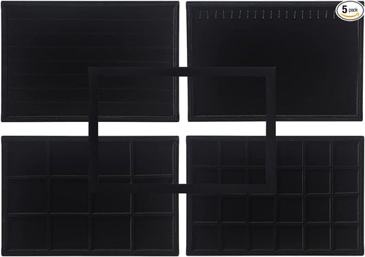 Coward Set of 5 Stackable Jewelry Organizer Tray Necklace Earring Box Storage Ring Bracelet Display Holder (Black(ring+necklace+earring+12grid))