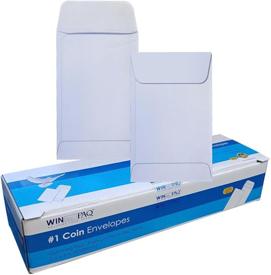 #1 Coin White Envelopes 2-1/4” x 3-1/2” with Gummed Seal, 24lb paper perfect for 57 x 89mm items such as Coins, Receipts, Stamps, Small Parts Storage, & More. (500)