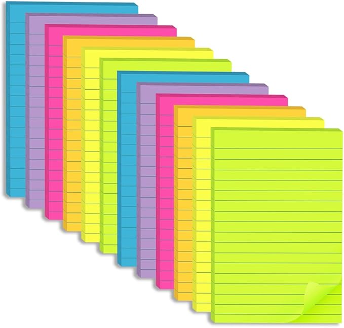(12 Pack) Lined Sticky Notes 4x6 in Ruled Stickies Super Sticking Power Memo Pads Bright Colors