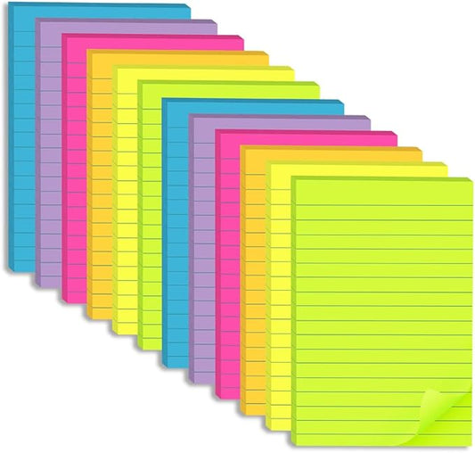 (12 Pack) Lined Sticky Notes 4x6 in Ruled Stickies Super Sticking Power Memo Pads Bright Colors