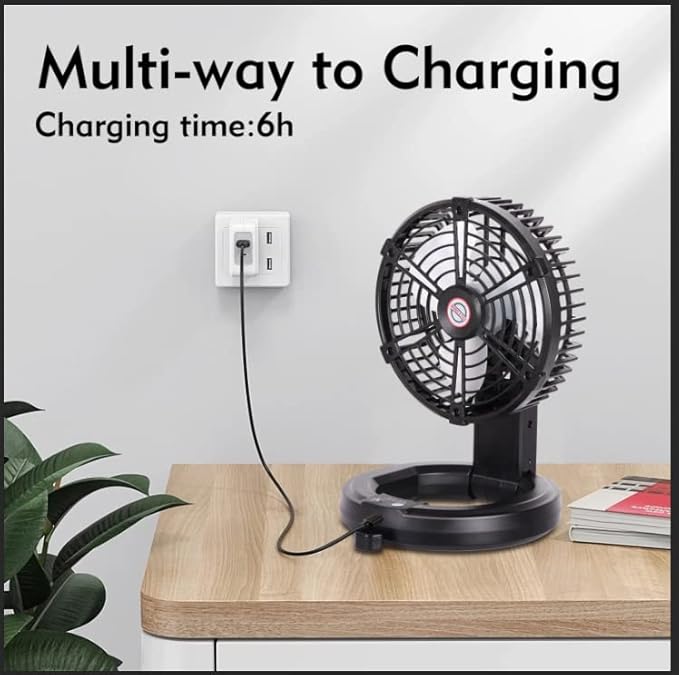 RUNTOP Portable Fan Battery Operated, Rechargeable Foldable Camping Fan with LED Light & Hanging Hook, USB Small Table Fans for Tents Travel, Home Office Bedroom,3 Speeds Battery Powered Desk Fans