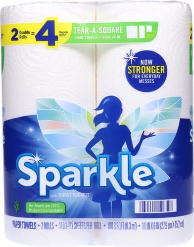 Sparkle Tear-A-Square Paper Towels, 2 Double Rolls = 4 Regular Rolls, Back-to-School Essentials, Customizable Sheets for Lunchboxes, Art Projects, Classrooms, and Home (Pack of 2)