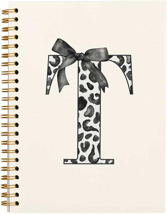 Bnwepo Initial Leopard Letter T Notebook Journal, Preppy Bow Monogrammed Monogram Gifts for Women, Monogram Notebook Journal, Personalized Notebook, Preppy Boho Black Spiral Notebook 5.5x8.3