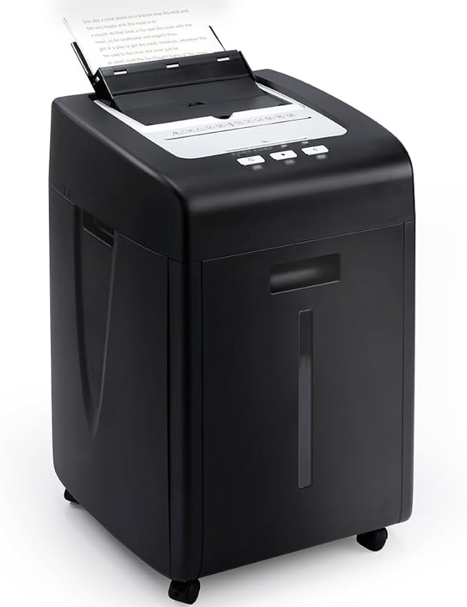 Commercial Autofeed Paper Shredder: 200 Sheets P-5 Micro Cut Shreds CDs/Cards/Staples 60-Min Continuous Run Anti-Jam 9.3 Gal Bin Quiet Heavy Duty for Home Office School Business - Black