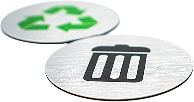5.5" Round, Metal Trash & Recycling Signs | Set of 2 Garbage & Recycling Bin Markers | Brushed Silver Aluminum Signs with 1 Black Trash Sign & 1 Green Recycle Sign | Signs for Sustainability